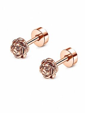 Rose Gold Rose Flower Flat Back Stud Earrings Stainless Steel